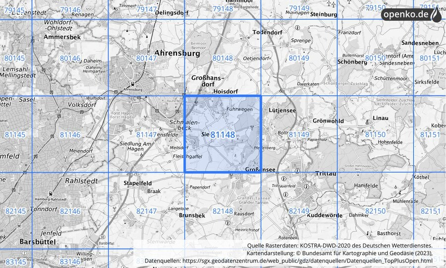 Übersichtskarte des KOSTRA-DWD-2020-Rasterfeldes Nr. 81148