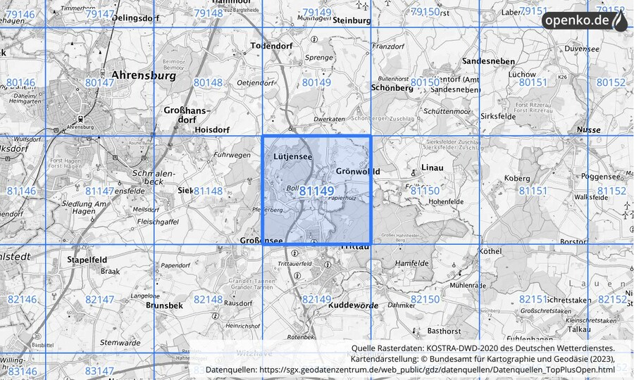 Übersichtskarte des KOSTRA-DWD-2020-Rasterfeldes Nr. 81149