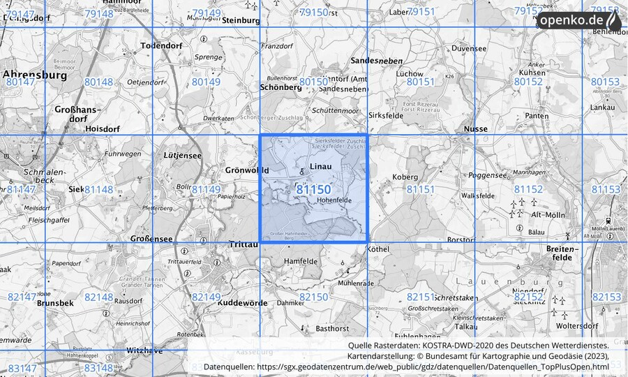 Übersichtskarte des KOSTRA-DWD-2020-Rasterfeldes Nr. 81150