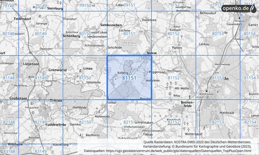 Übersichtskarte des KOSTRA-DWD-2020-Rasterfeldes Nr. 81151