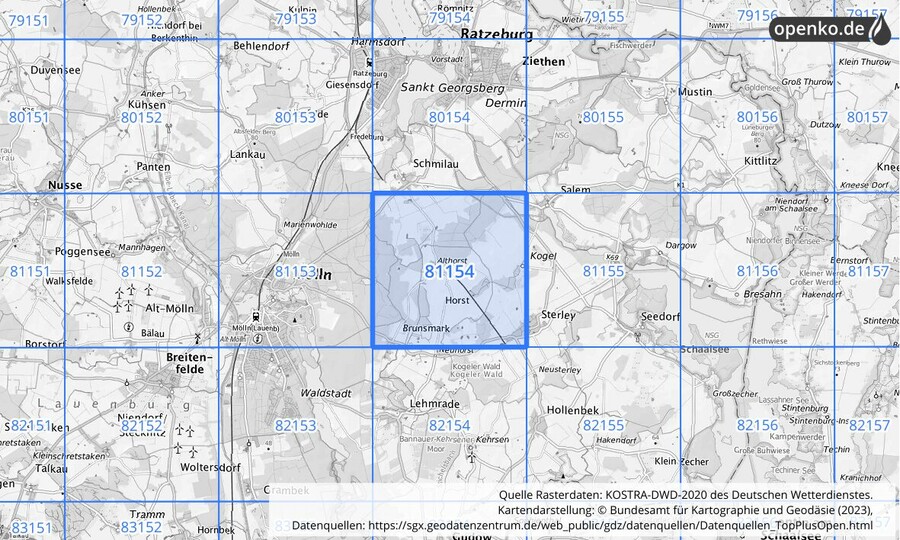 Übersichtskarte des KOSTRA-DWD-2020-Rasterfeldes Nr. 81154
