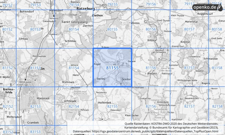 Übersichtskarte des KOSTRA-DWD-2020-Rasterfeldes Nr. 81155
