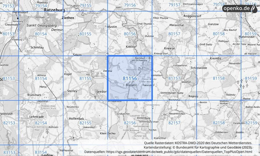 Übersichtskarte des KOSTRA-DWD-2020-Rasterfeldes Nr. 81156