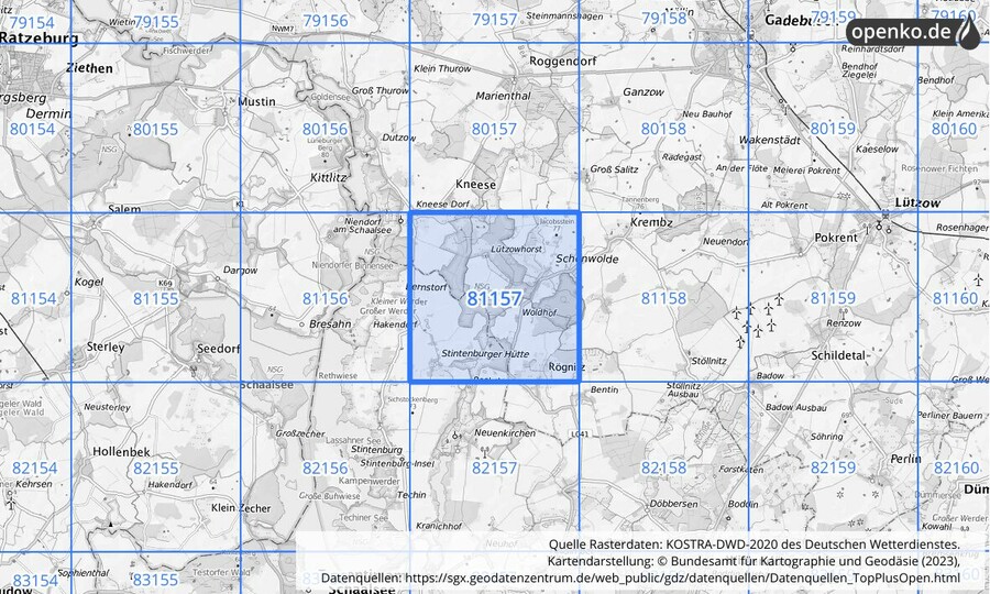 Übersichtskarte des KOSTRA-DWD-2020-Rasterfeldes Nr. 81157