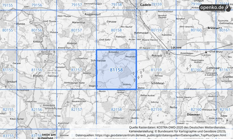 Übersichtskarte des KOSTRA-DWD-2020-Rasterfeldes Nr. 81158