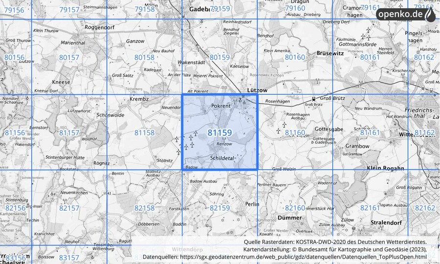 Übersichtskarte des KOSTRA-DWD-2020-Rasterfeldes Nr. 81159