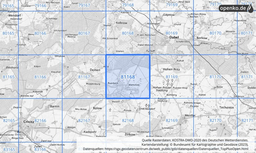 Übersichtskarte des KOSTRA-DWD-2020-Rasterfeldes Nr. 81168