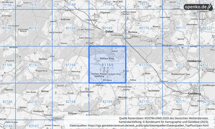 Übersichtskarte des KOSTRA-DWD-2020-Rasterfeldes Nr. 81169