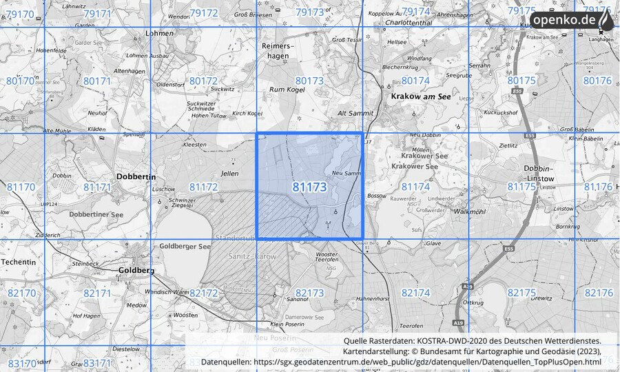 Übersichtskarte des KOSTRA-DWD-2020-Rasterfeldes Nr. 81173