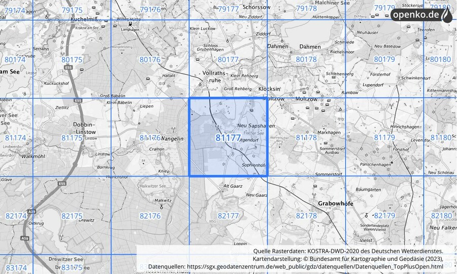 Übersichtskarte des KOSTRA-DWD-2020-Rasterfeldes Nr. 81177
