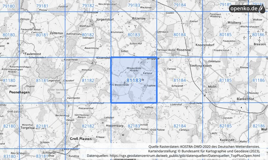 Übersichtskarte des KOSTRA-DWD-2020-Rasterfeldes Nr. 81183