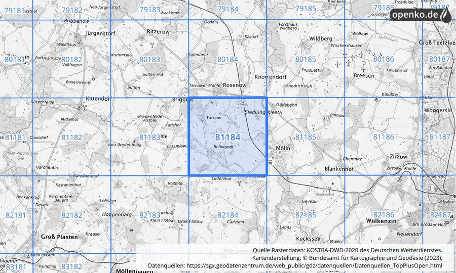 Übersichtskarte des KOSTRA-DWD-2020-Rasterfeldes Nr. 81184