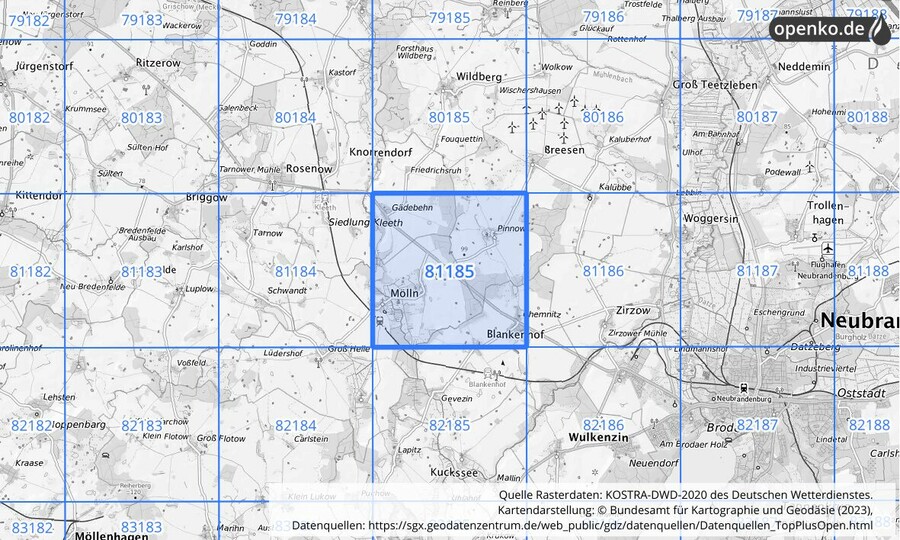 Übersichtskarte des KOSTRA-DWD-2020-Rasterfeldes Nr. 81185