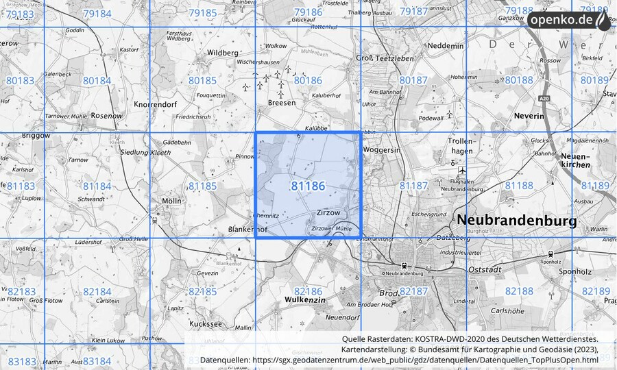 Übersichtskarte des KOSTRA-DWD-2020-Rasterfeldes Nr. 81186