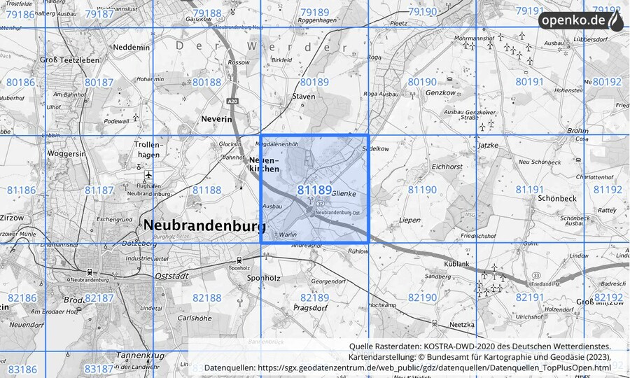 Übersichtskarte des KOSTRA-DWD-2020-Rasterfeldes Nr. 81189