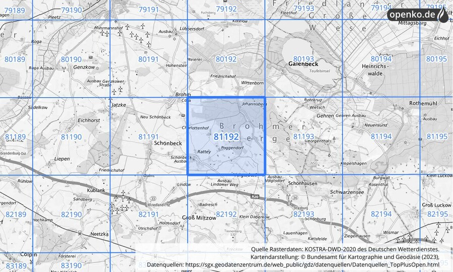 Übersichtskarte des KOSTRA-DWD-2020-Rasterfeldes Nr. 81192