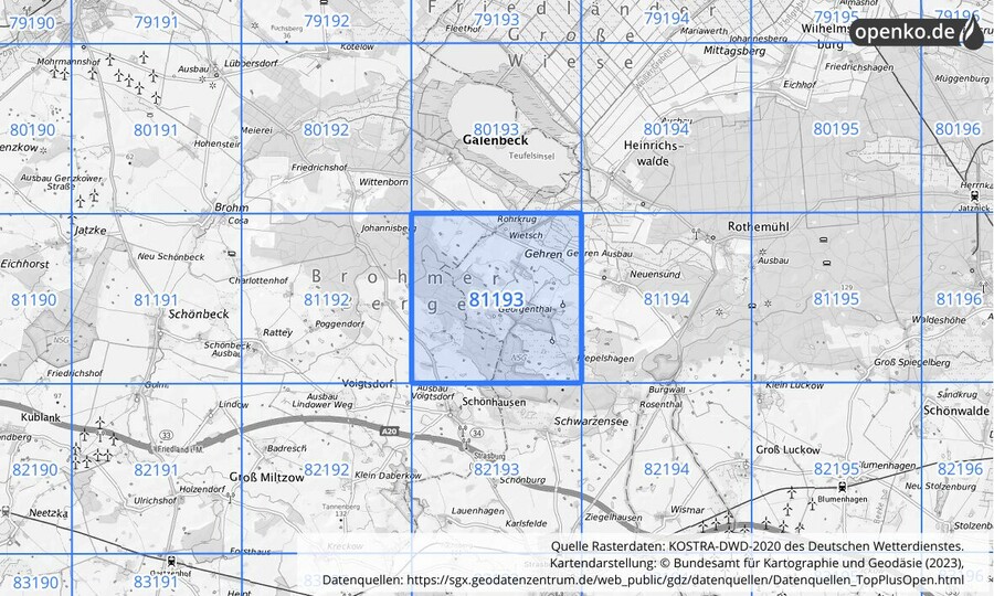 Übersichtskarte des KOSTRA-DWD-2020-Rasterfeldes Nr. 81193