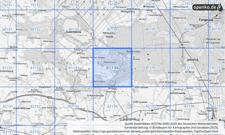 Übersichtskarte des KOSTRA-DWD-2020-Rasterfeldes Nr. 81194