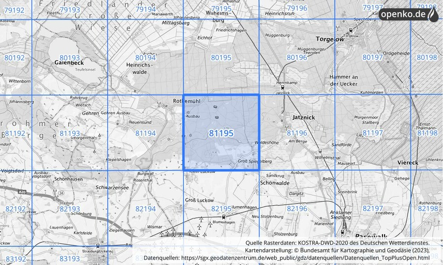Übersichtskarte des KOSTRA-DWD-2020-Rasterfeldes Nr. 81195