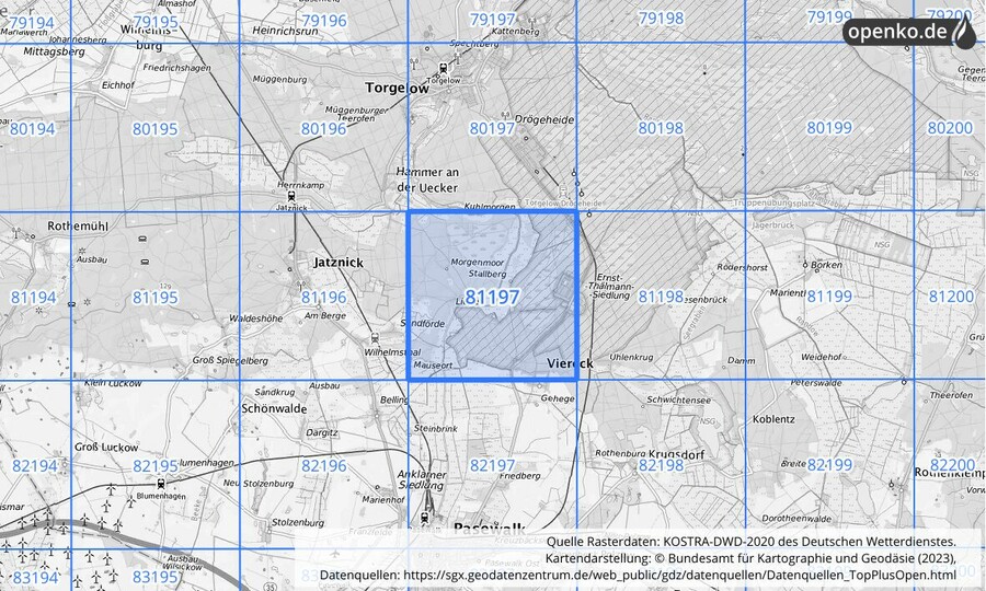 Übersichtskarte des KOSTRA-DWD-2020-Rasterfeldes Nr. 81197