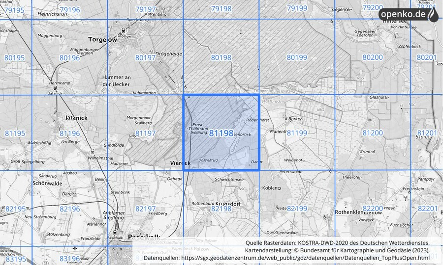 Übersichtskarte des KOSTRA-DWD-2020-Rasterfeldes Nr. 81198
