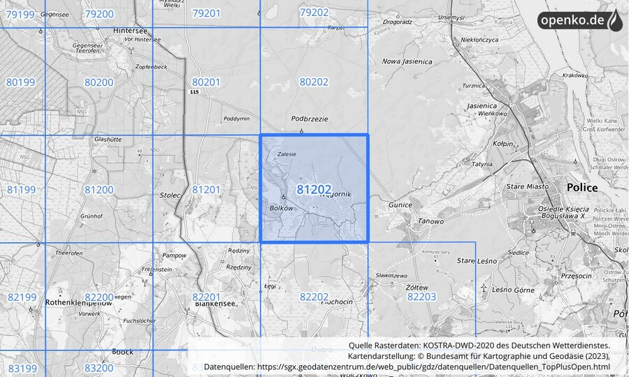 Übersichtskarte des KOSTRA-DWD-2020-Rasterfeldes Nr. 81202