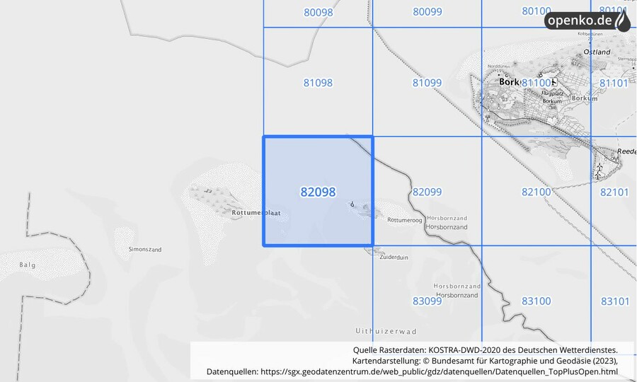 Übersichtskarte des KOSTRA-DWD-2020-Rasterfeldes Nr. 82098