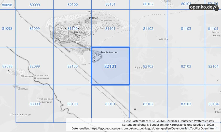 Übersichtskarte des KOSTRA-DWD-2020-Rasterfeldes Nr. 82101