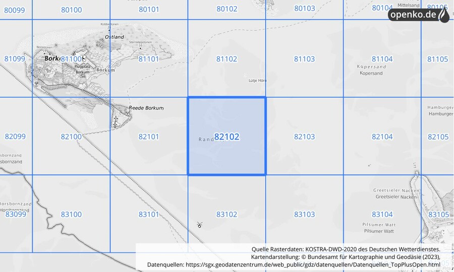 Übersichtskarte des KOSTRA-DWD-2020-Rasterfeldes Nr. 82102