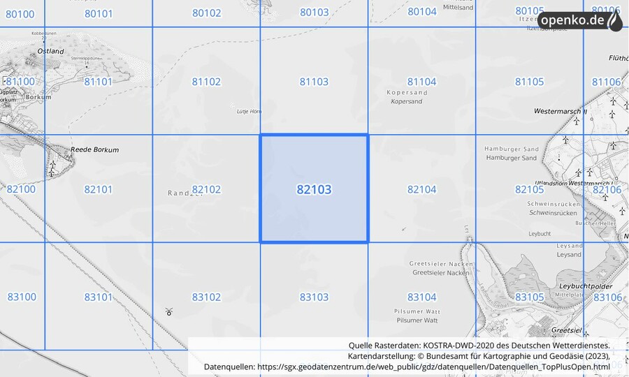 Übersichtskarte des KOSTRA-DWD-2020-Rasterfeldes Nr. 82103