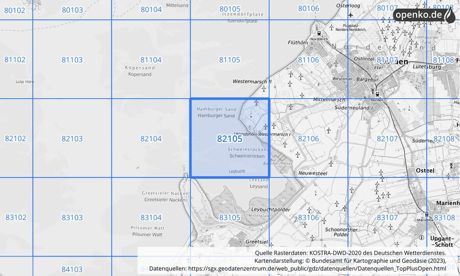 Übersichtskarte des KOSTRA-DWD-2020-Rasterfeldes Nr. 82105