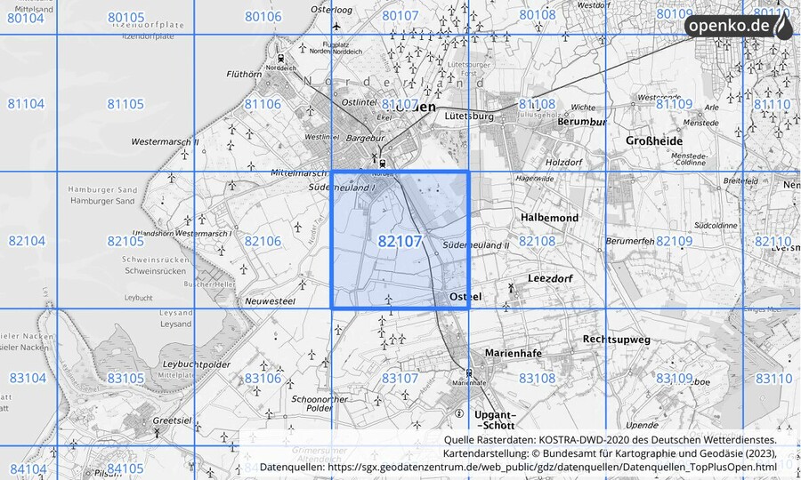 Übersichtskarte des KOSTRA-DWD-2020-Rasterfeldes Nr. 82107