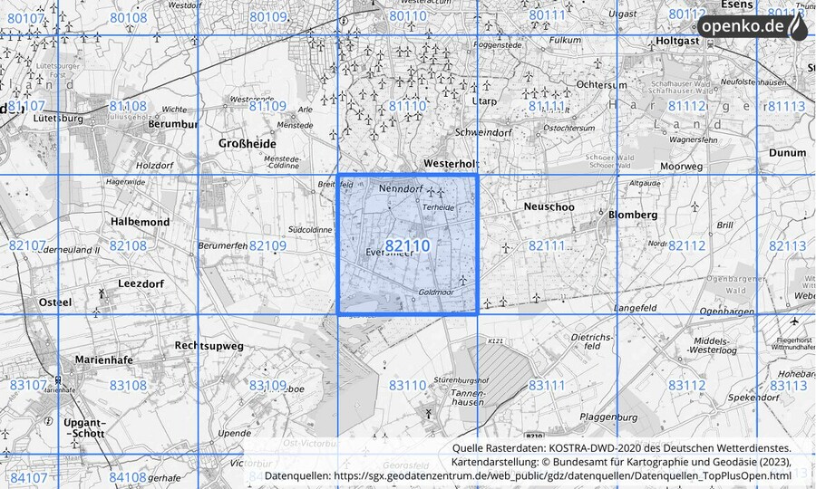 Übersichtskarte des KOSTRA-DWD-2020-Rasterfeldes Nr. 82110