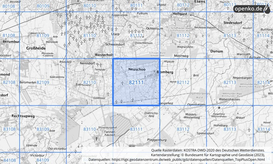 Übersichtskarte des KOSTRA-DWD-2020-Rasterfeldes Nr. 82111