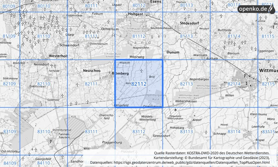Übersichtskarte des KOSTRA-DWD-2020-Rasterfeldes Nr. 82112