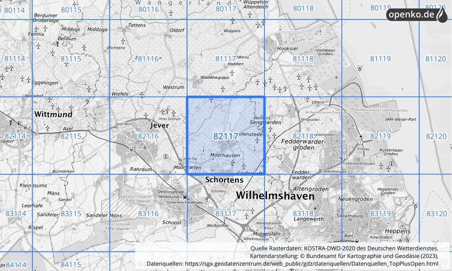 Übersichtskarte des KOSTRA-DWD-2020-Rasterfeldes Nr. 82117