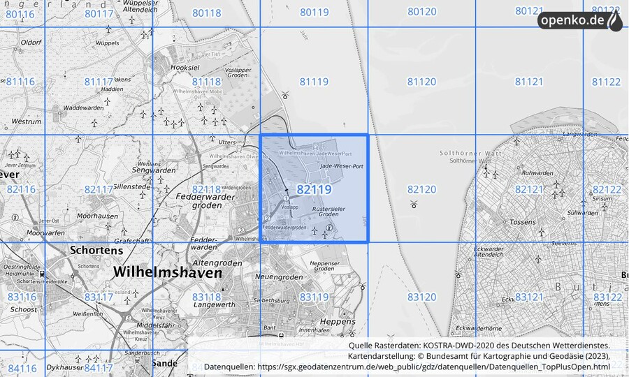 Übersichtskarte des KOSTRA-DWD-2020-Rasterfeldes Nr. 82119