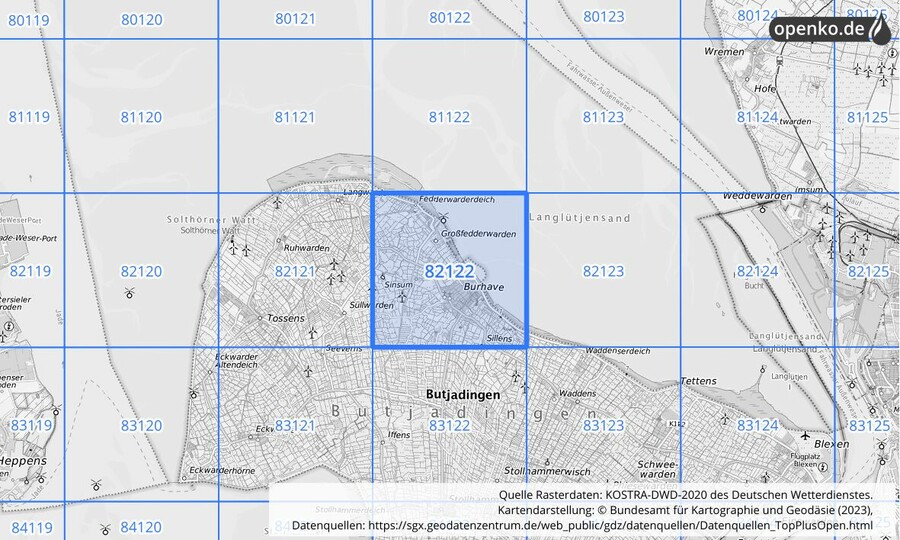 Übersichtskarte des KOSTRA-DWD-2020-Rasterfeldes Nr. 82122