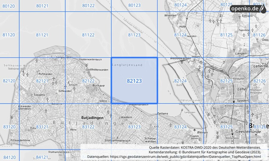 Übersichtskarte des KOSTRA-DWD-2020-Rasterfeldes Nr. 82123