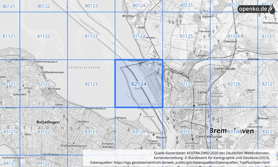 Übersichtskarte des KOSTRA-DWD-2020-Rasterfeldes Nr. 82124