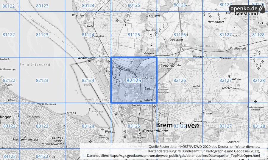 Übersichtskarte des KOSTRA-DWD-2020-Rasterfeldes Nr. 82125