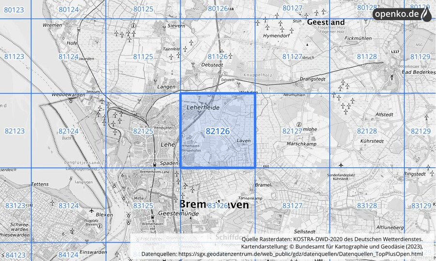 Übersichtskarte des KOSTRA-DWD-2020-Rasterfeldes Nr. 82126