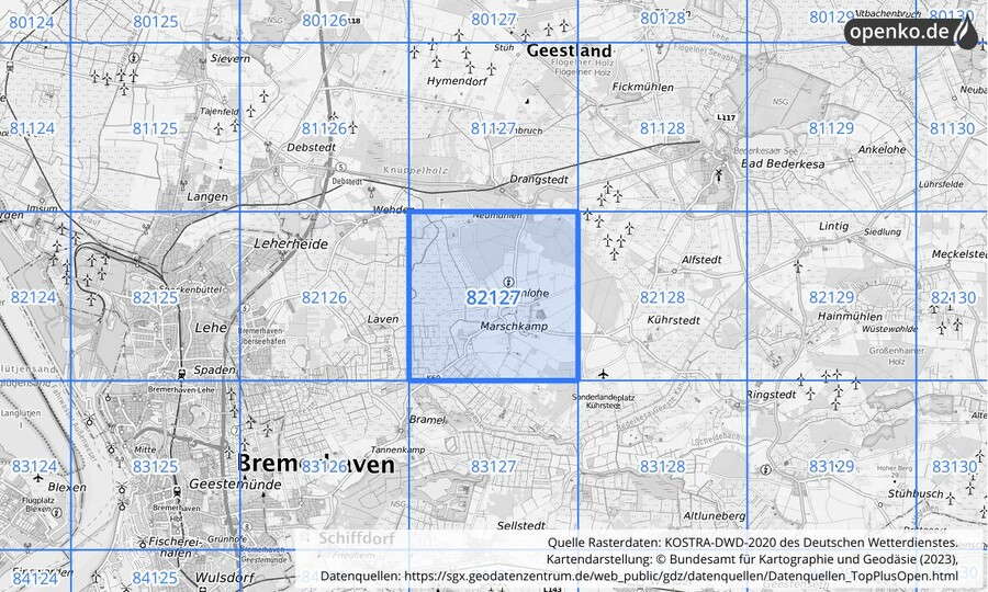 Übersichtskarte des KOSTRA-DWD-2020-Rasterfeldes Nr. 82127