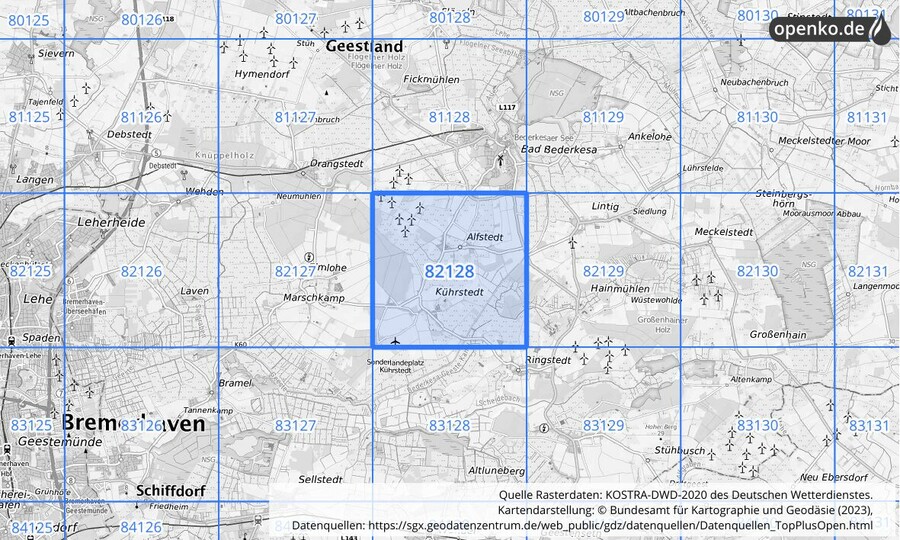 Übersichtskarte des KOSTRA-DWD-2020-Rasterfeldes Nr. 82128