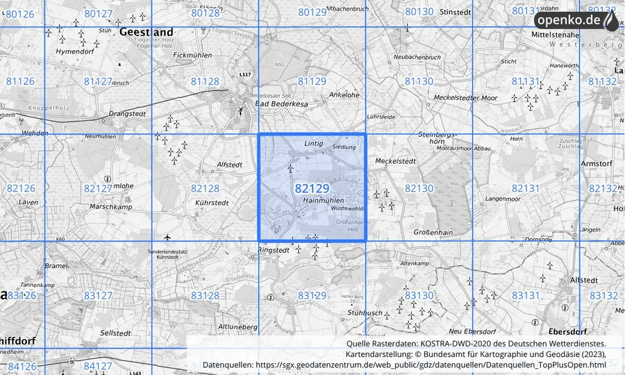 Übersichtskarte des KOSTRA-DWD-2020-Rasterfeldes Nr. 82129