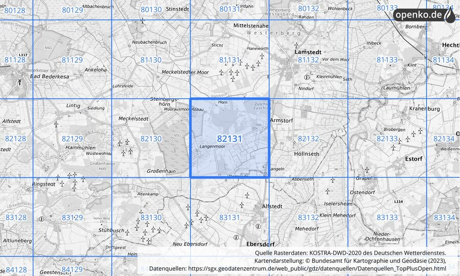 Übersichtskarte des KOSTRA-DWD-2020-Rasterfeldes Nr. 82131