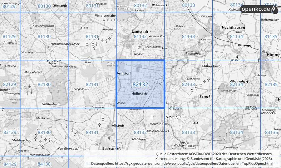 Übersichtskarte des KOSTRA-DWD-2020-Rasterfeldes Nr. 82132