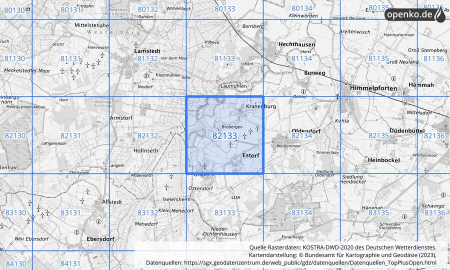 Übersichtskarte des KOSTRA-DWD-2020-Rasterfeldes Nr. 82133