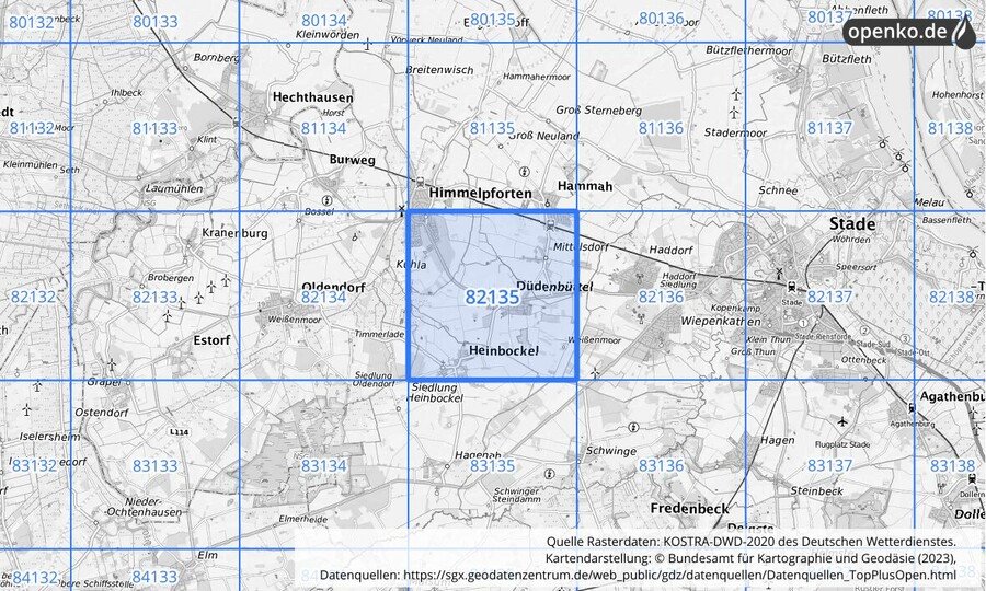 Übersichtskarte des KOSTRA-DWD-2020-Rasterfeldes Nr. 82135