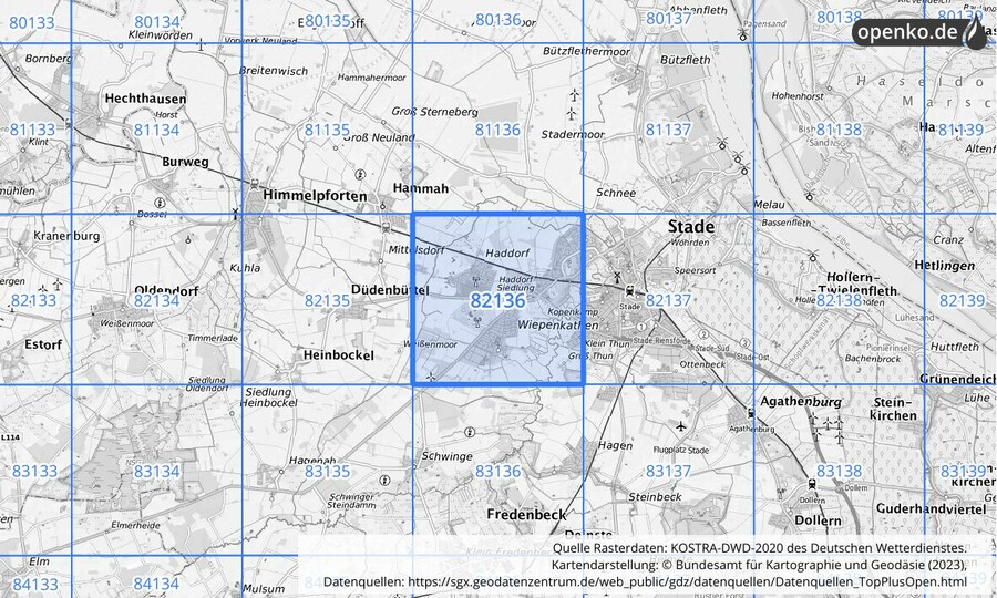 Übersichtskarte des KOSTRA-DWD-2020-Rasterfeldes Nr. 82136